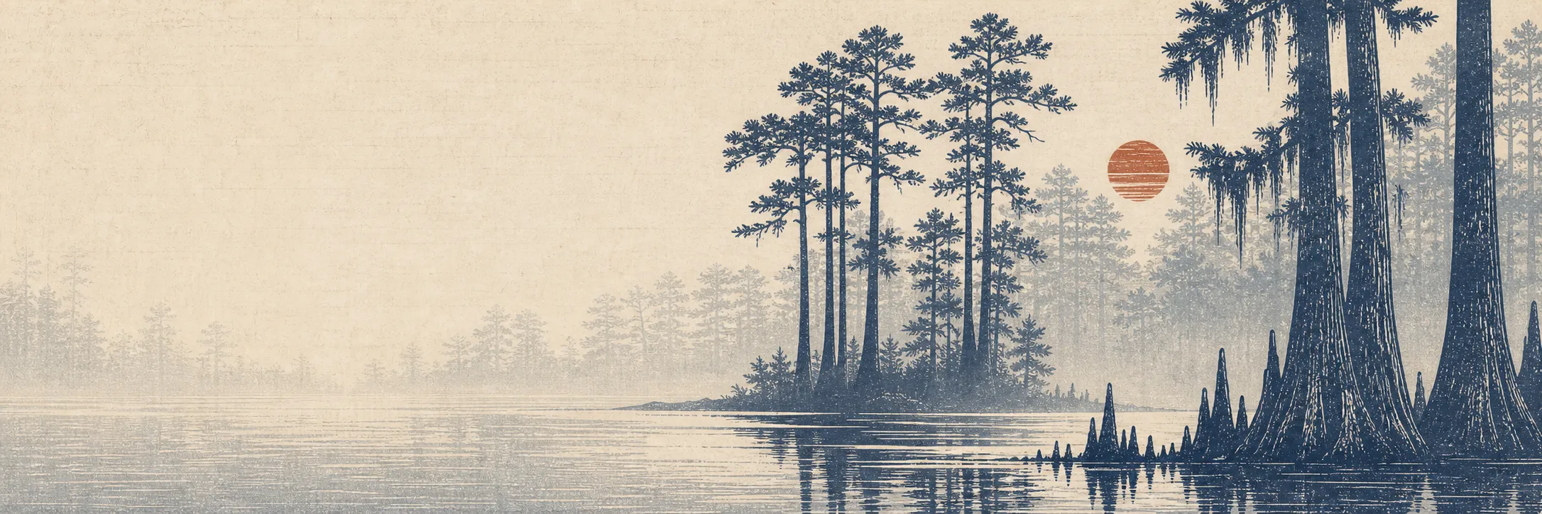 Woodblock print: cypress trees with hanging moss over still bayou water, a rust sun in the mist