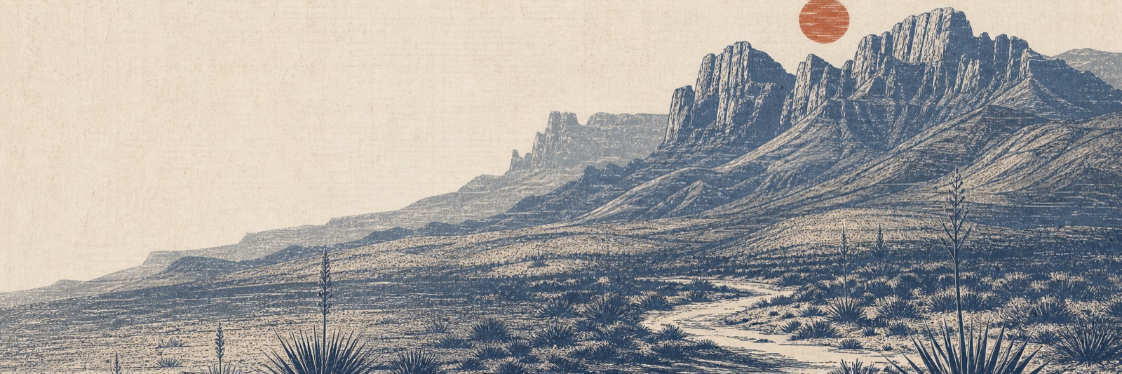 The finished print: Big Bend badlands, a winding trail, yucca, and a burnt-rust sun over the cliffs
